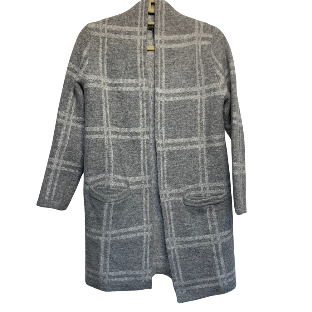 Banana Republic Plaid Open Front Cardigan Sweater XS Grey Longline Dark Academia
